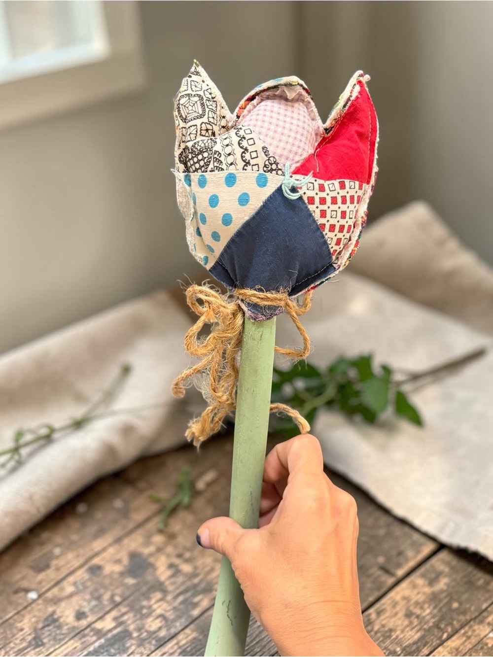 Handmade Patchwork Tulip Stem - Multicolor Fabric Flower